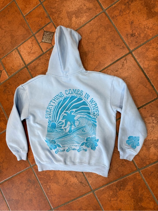 Pink Palm Puff Tops - Pink Palm Puff Blue “Everything Comes in Waves” Sweatshirt, Size Medium